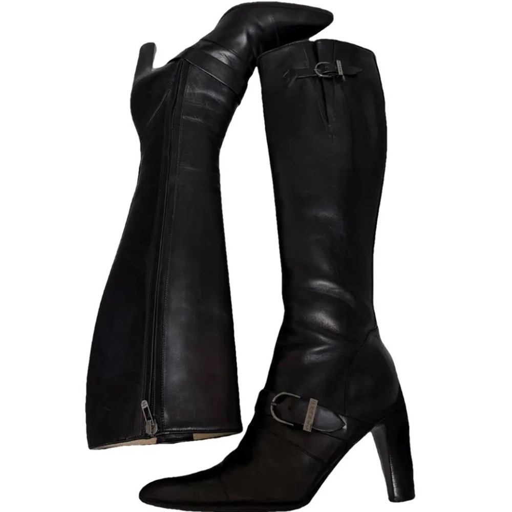 VTG Chanel Black Leather Knee High Stretch Logo Plate Buckle Boots 40